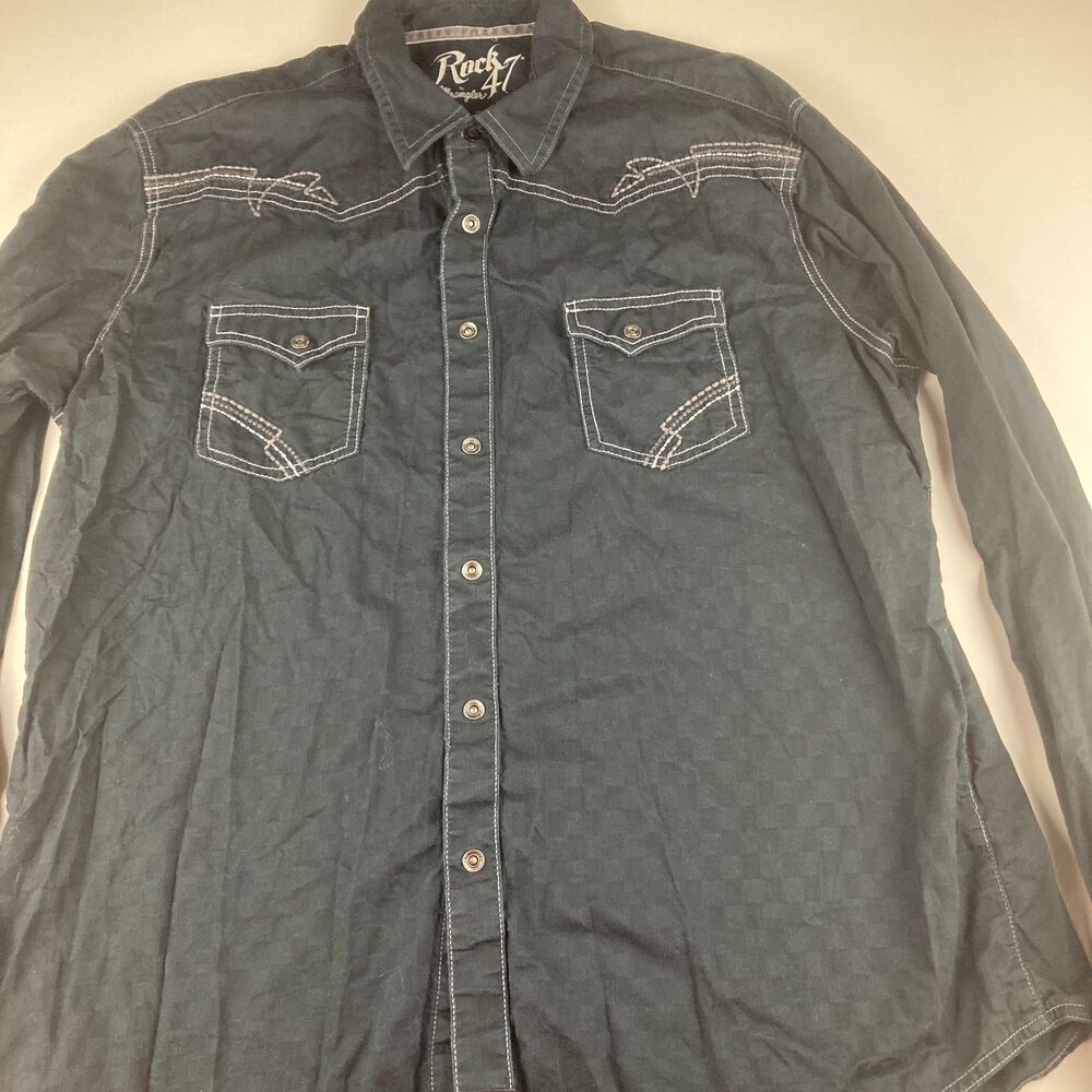 Rock 47 Wrangler Shirt Mens XXL Black Western Pearl Snap Tonal Plaid Cowboy